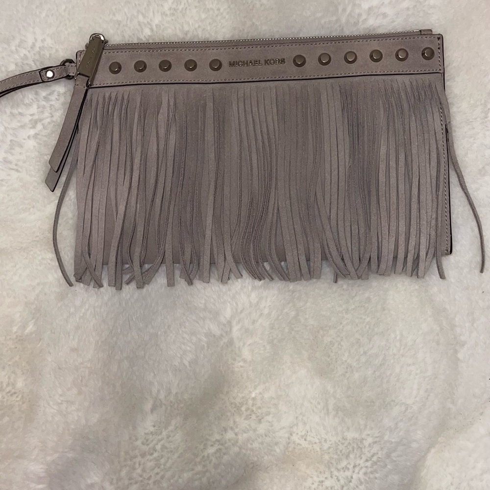 Michael Kors Billy XL Cement Fringe Suede Zip Clutch NWOT